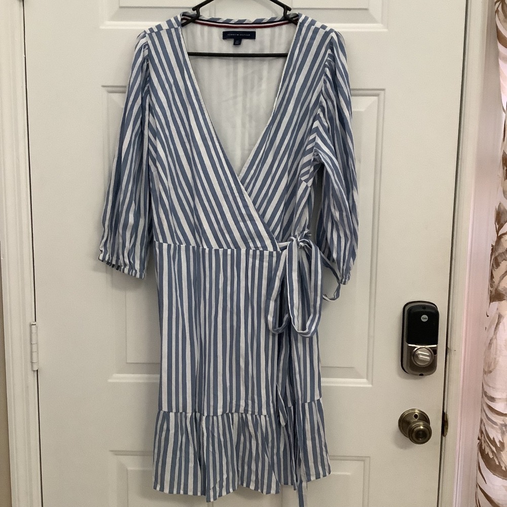 Tommy Hilfiger Women Blue Striped V-Neck Wrap Dress‎ Large - Picture 8 of 12